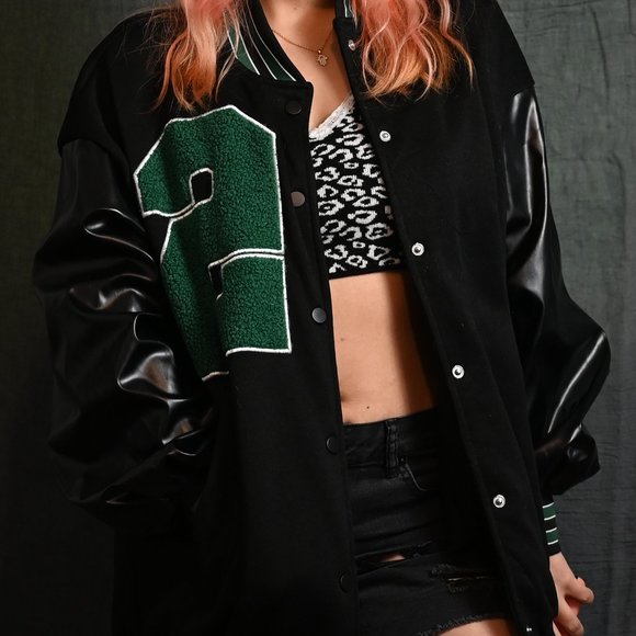 Black and Green Oversized Varsity Baseball Jacket - Picture 3 of 7